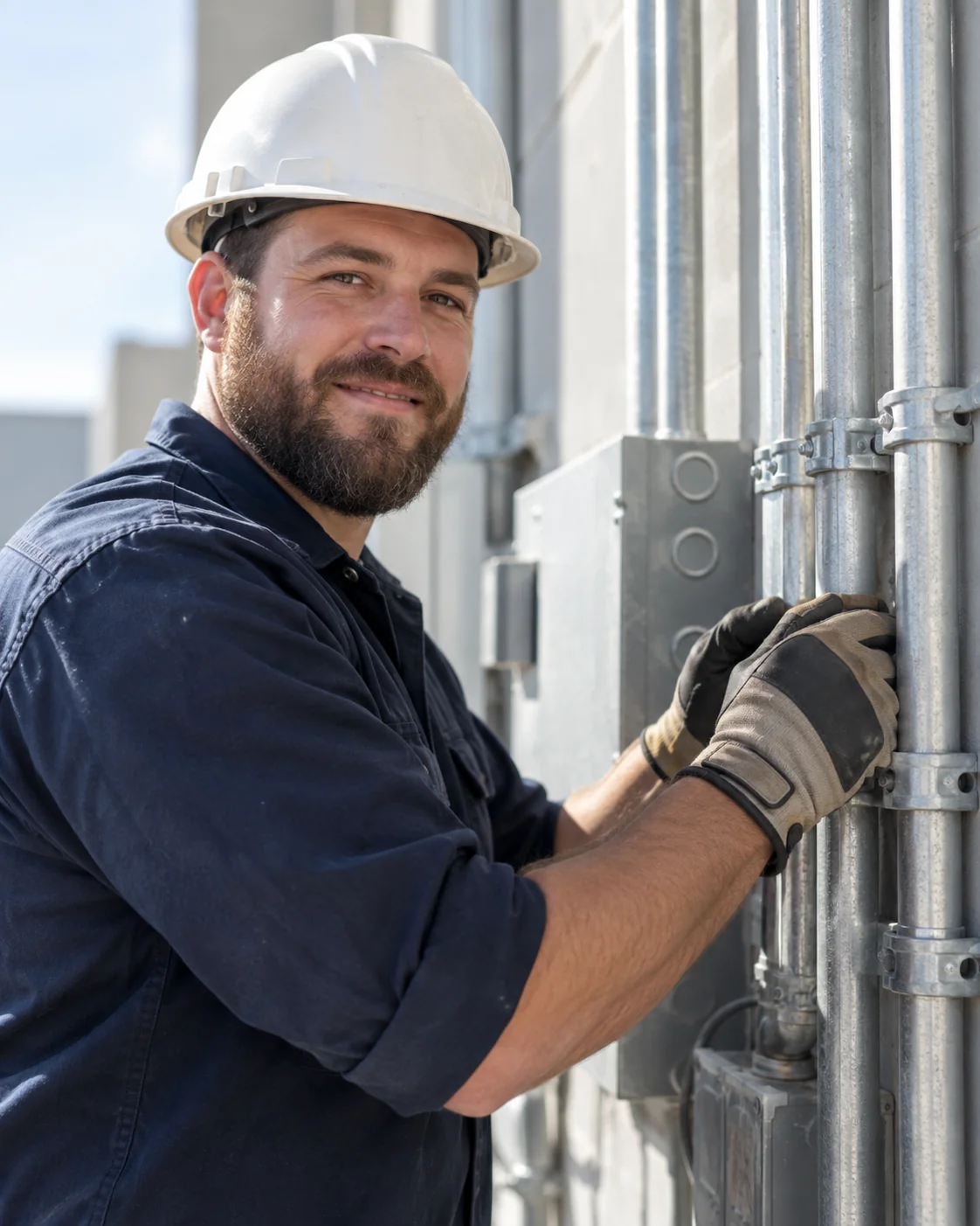 Electrician in a white hard hat beside an installation
