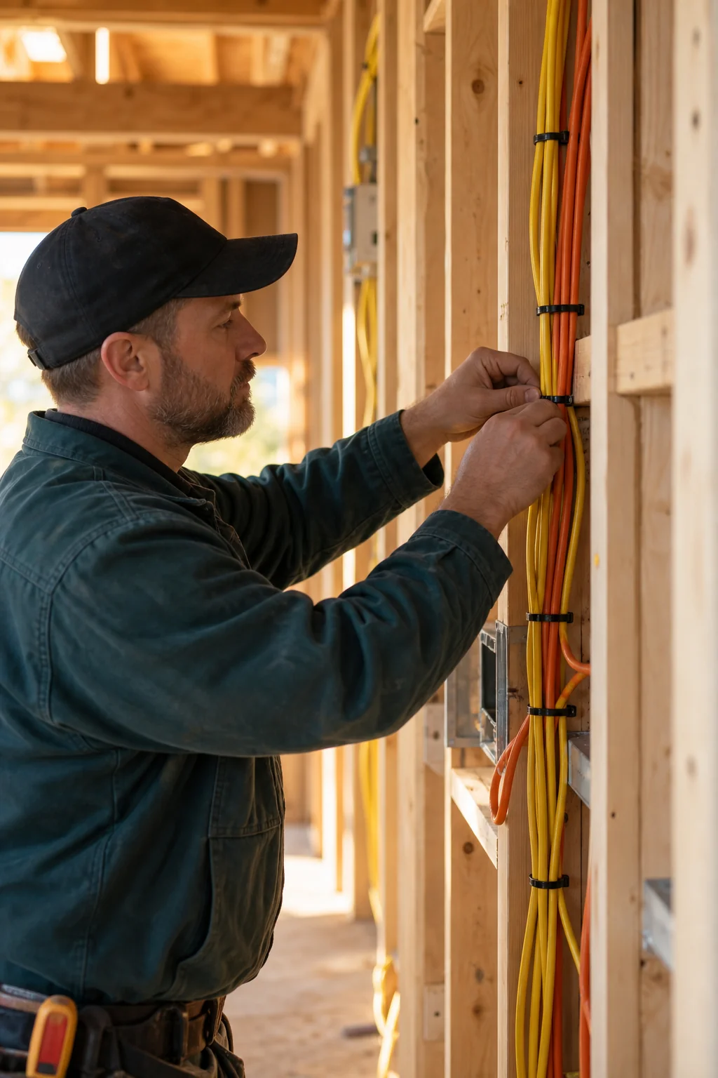 Electrical worker carefully routing cables through a timber wall