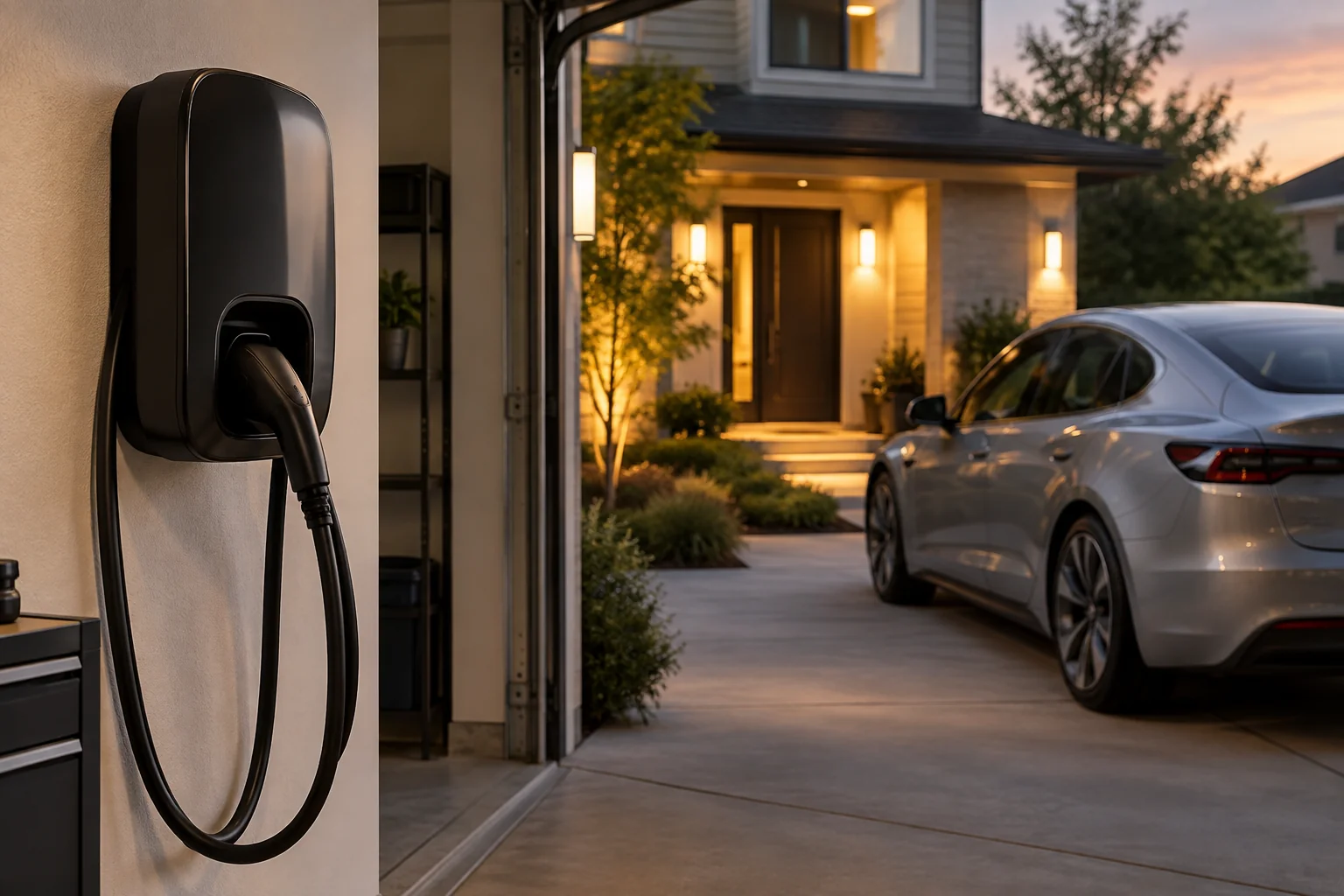 Electric vehicle parked beside a wall-mounted charging station