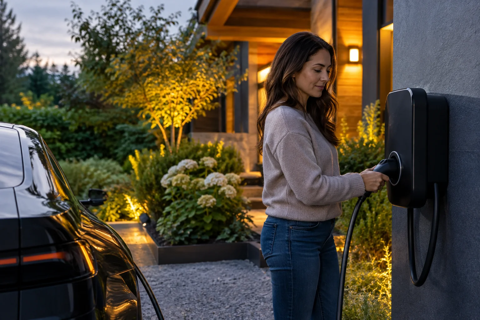 A homeowner connecting an electric vehicle to a home charging station