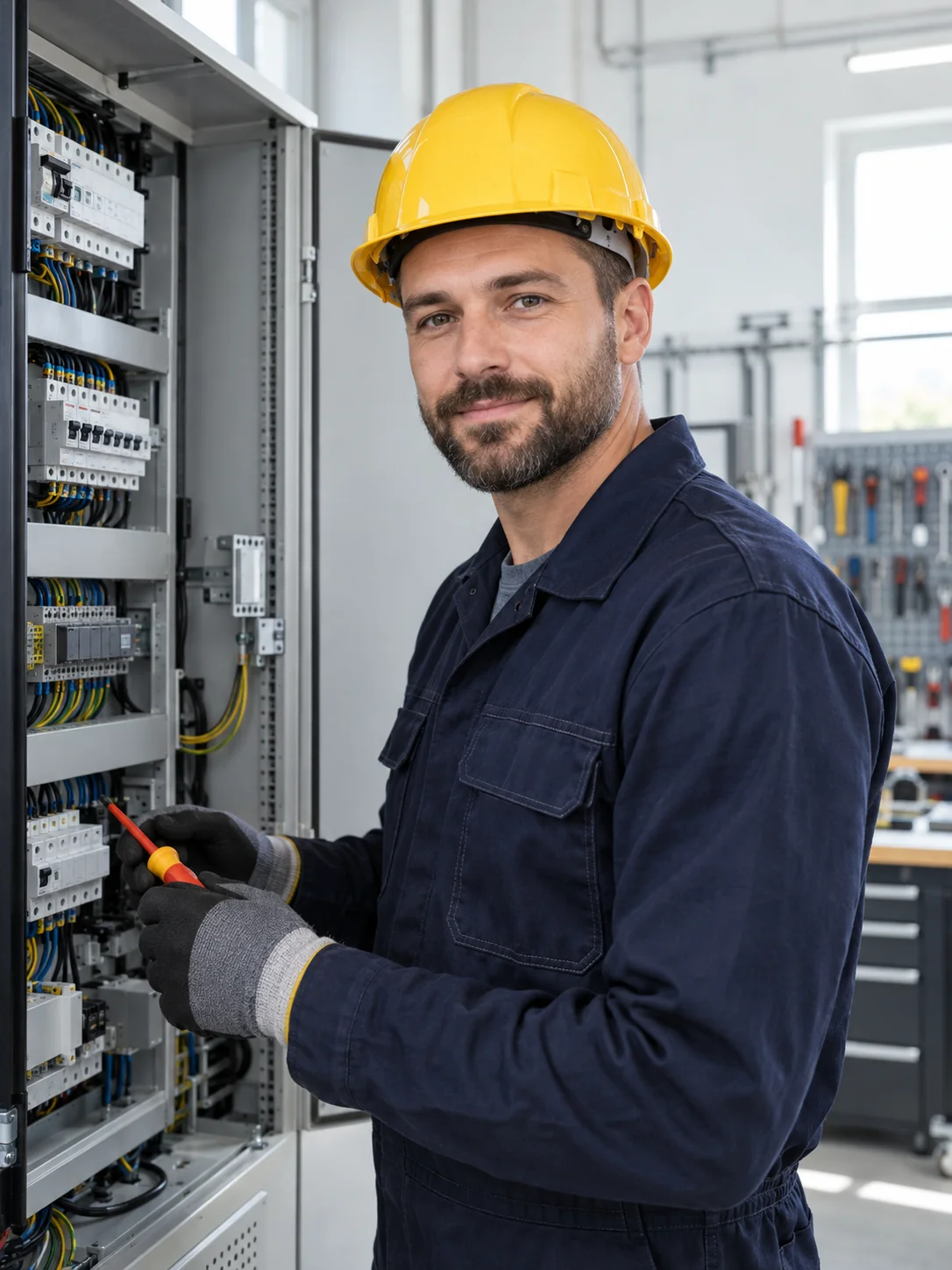 Electrician in a yellow hard hat working beside an electrical panel