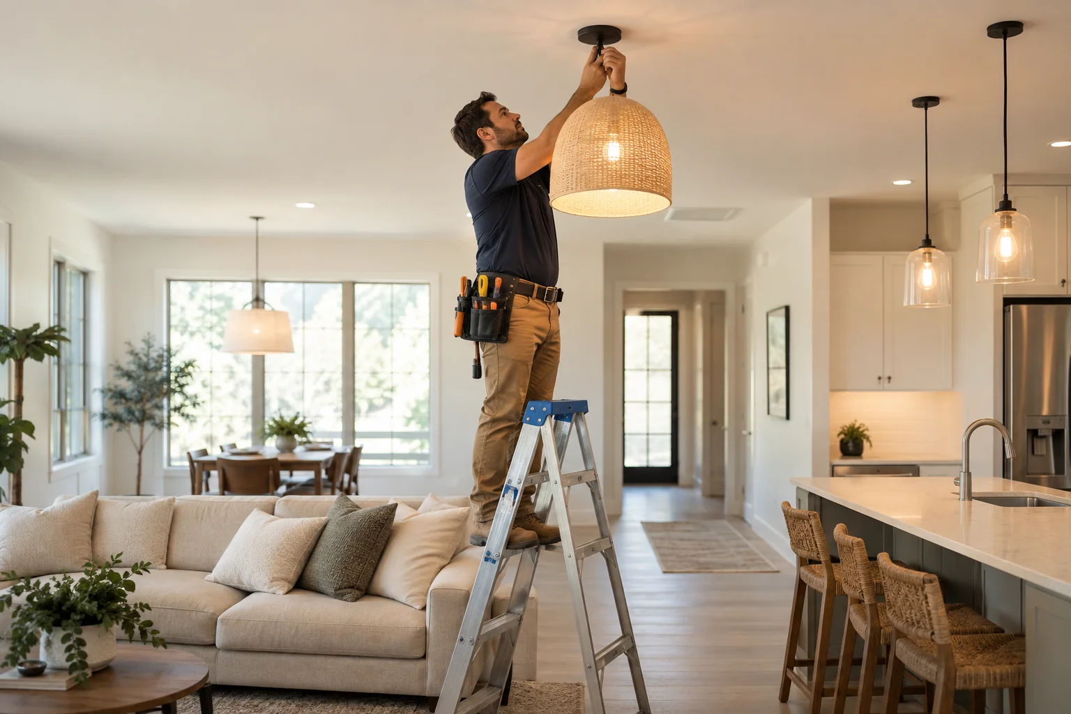 Electrician installing overhead lighting in a contemporary home