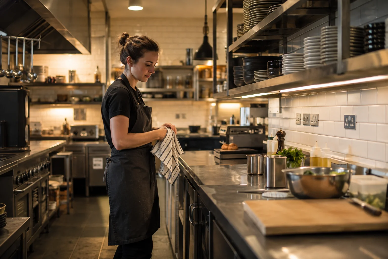 Bright commercial kitchen with stainless steel work surfaces