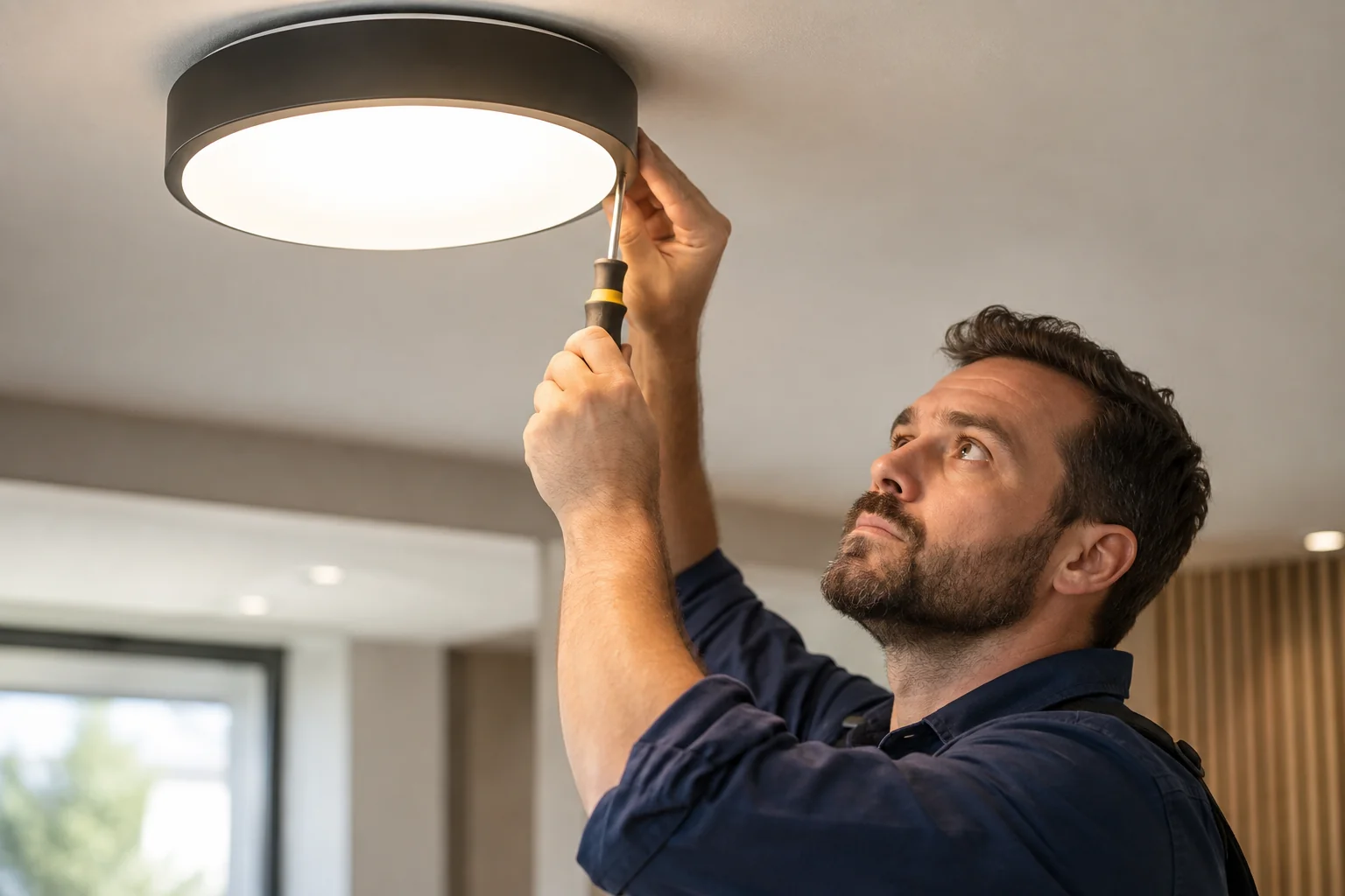 Electrician fitting a round LED ceiling light