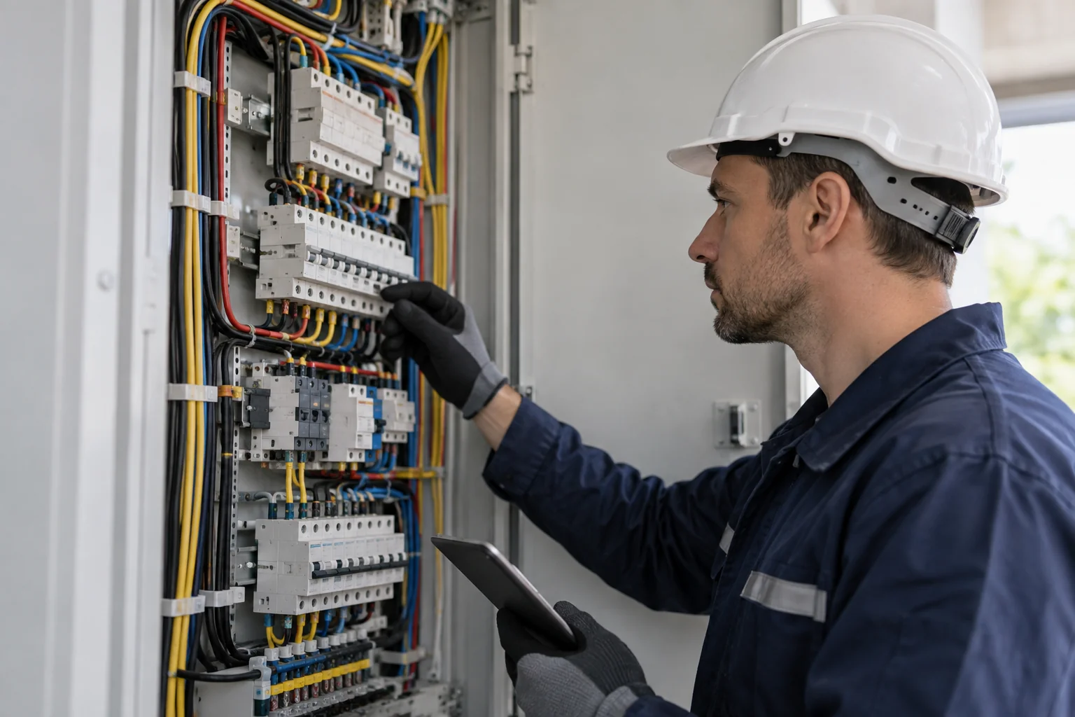 Electrician inspecting an electrical distribution panel